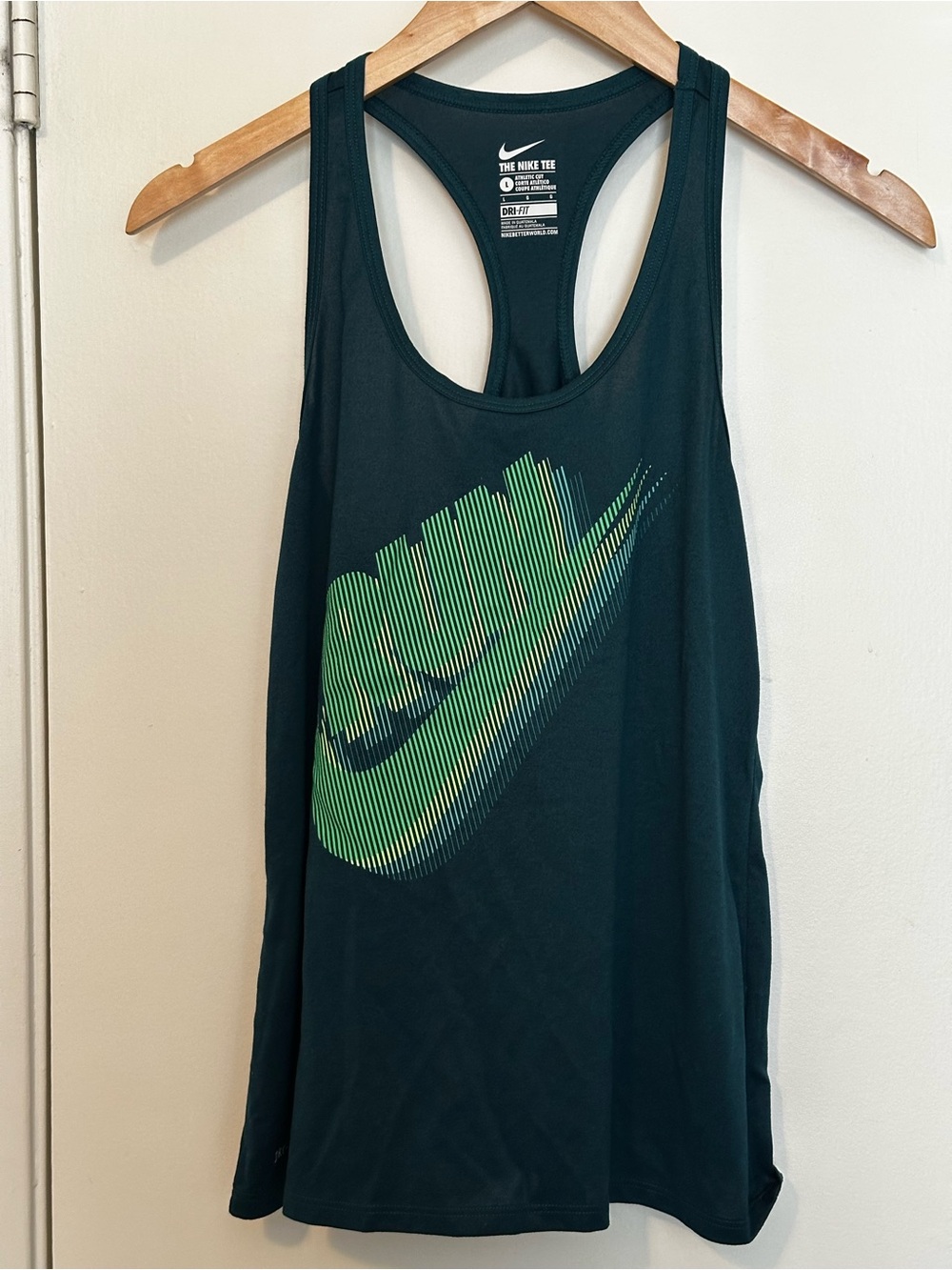 Nike Women's Dark Green Racerback Tank with Green Gradient Swoosh